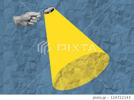 Magnify with glass lens. Hand holding magnifier for research, search, zoom, focus, investigation, 124722143