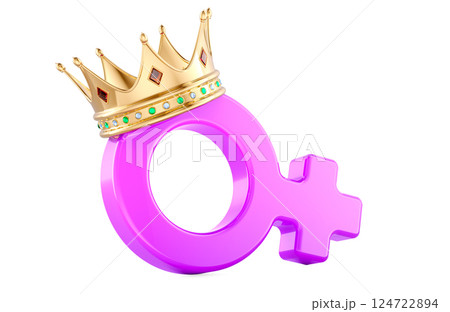 Female gender symbol with golden crown. 3D rendering 124722894