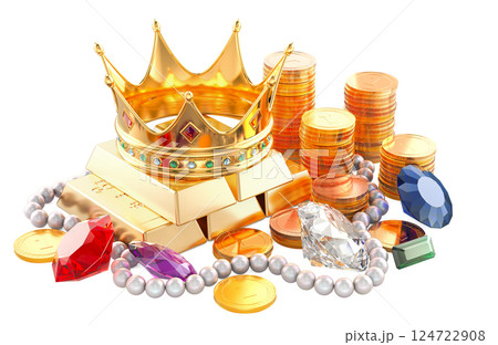 Treasures. Golden crown, necklace from white pearls gold ingots, colored gems and golden coins, 3D rendering 124722908