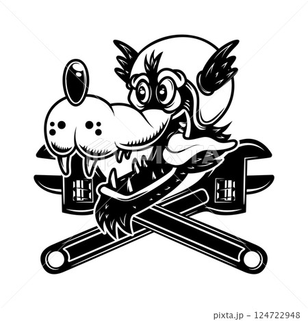 Illustration of the wolf racer with crossed wrenches. Design element for logo, label, sign, emblem. Vector illustration Illustration of the wolf racer with crossed wrenches. Design element for logo, label, sign, emblem. Vector illustration 124722948
