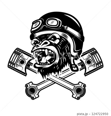 Illustration of the gorilla biker with crossed pistons. Design element for logo, label, sign, emblem. Vector illustration 124722950