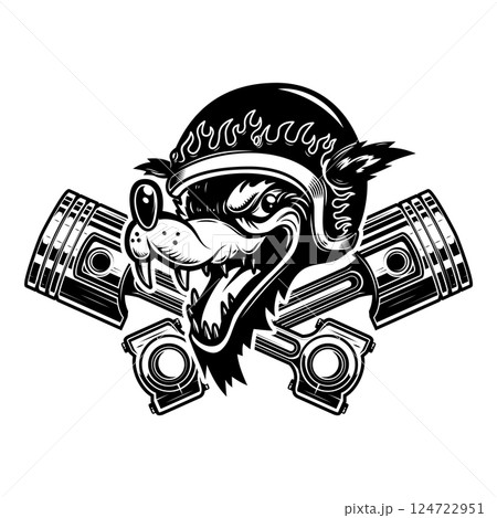 Illustration of the wolf biker with crossed pistons. Design element for logo, label, sign, emblem. Vector illustration 124722951
