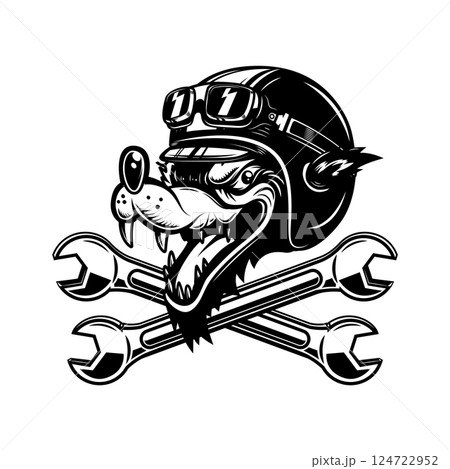 Illustration of the wolf racer with crossed wrenches. Design element for logo, label, sign, emblem. Vector illustration 124722952