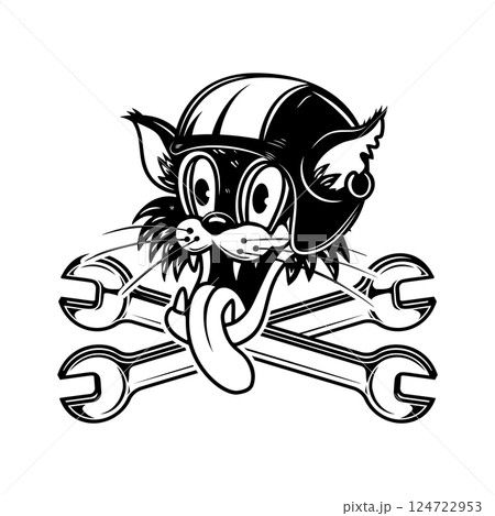 Illustration of the cat biker with crossed wrenches. Design element for logo, label, sign, emblem. Vector illustration 124722953