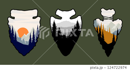 Set of emblems with arrowhead with mountain landscape. Design element for poster, card, banner, sign. Vector illustration 124722974