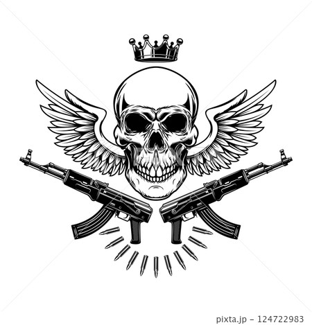 Illustration of the skull with crossed assault rifles. Design element for logo, label, sign, emblem. Vector illustration 124722983
