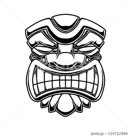 Illustration of Tiki tribal wooden mask. Design element for logo, emblem, sign, poster, card, banner. Vector illustration Illustration of Tiki tribal wooden mask. Design element for logo, emblem, sign, poster, card, banner. Vector illustration 124722986