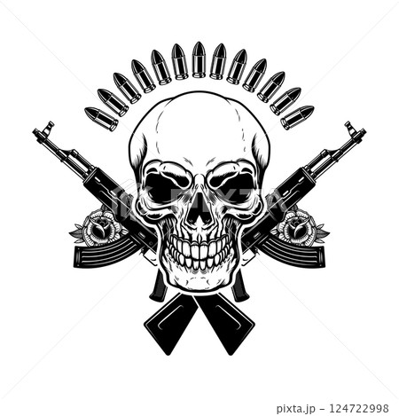 Illustration of the skull with crossed assault rifles. Design element for logo, label, sign, emblem. Vector illustration 124722998