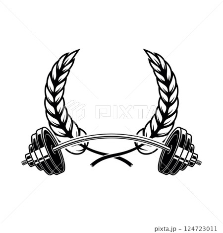 Emblem template with barbell and wreath. Design element for logo, sign, emblem. Vector illustration Emblem template with barbell and wreath. Design element for logo, sign, emblem. Vector illustration 124723011
