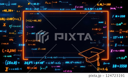 A futuristic digital blackboard displaying various colorful mathematical equations and formulas, with a neon orange graduation cap icon in the bottom right corner.  124723191