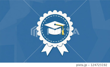 This illustration features a stylized graduation cap icon centered within a white badge or seal against a blue background. The badge has a scalloped edge and two ribbon tails at the bottom. 124723192