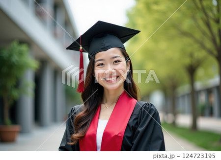A young Asian woman is pictured wearing a black graduation gown and cap with a red tassel. She has a bright, genuine smile on her face, radiating joy and accomplishment.  124723195