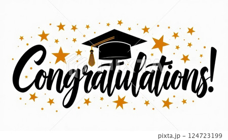 A festive graduation-themed illustration featuring the word Congratulations! in large black cursive script. Above the text is a black graduation cap with a gold tassel.  124723199