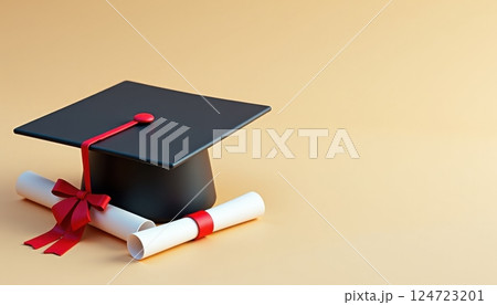 A 3D rendering of a black graduation cap with a red tassel alongside two rolled diplomas tied with red ribbons. The items are placed on a smooth beige surface against a gradient beige background.  124723201