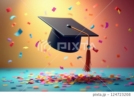 A black graduation cap with a red tassel is floating in mid-air against a vibrant background. Colorful confetti pieces in various shapes are scattered around, creating a celebratory atmosphere.  124723208