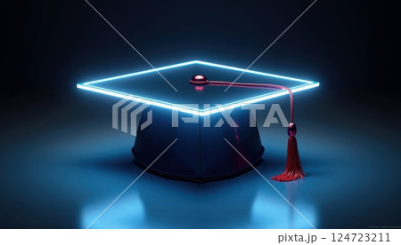 A futuristic representation of a graduation cap is displayed against a dark background. The cap's square top is depicted as a glowing blue neon outline. 124723211