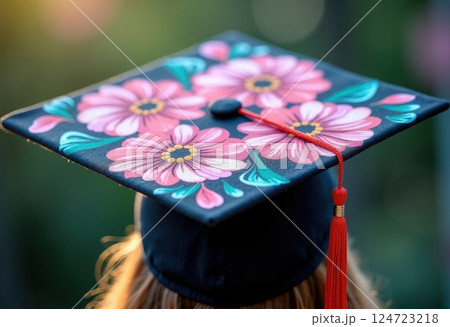 This image features a beautifully decorated graduation cap. The mortarboard is adorned with a vibrant floral design, showcasing pink and purple flowers with teal leaves against a dark background.  124723218