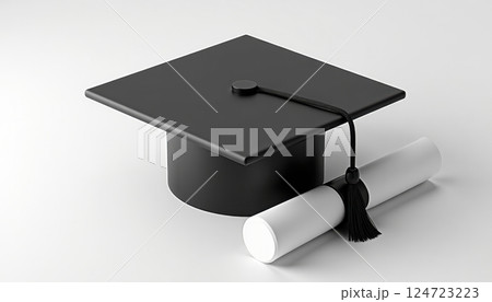 A minimalist 3D rendering of a black graduation cap with a tassel and a rolled white diploma on a light gray background. The graduation cap is positioned at an angle, showcasing its square shape. 124723223