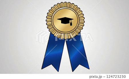 This image depicts a golden award medal with a blue ribbon. The medal features a circular gold disk with a radiant, sun-like border. In the center of the disk is a black silhouette of a graduation 124723230