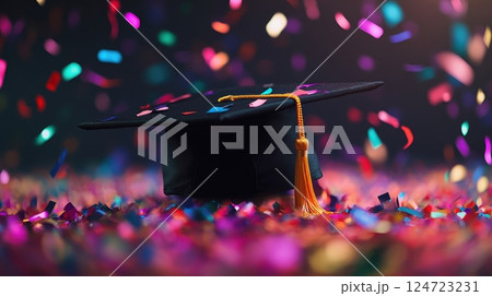 A black graduation cap with a gold tassel sits on a surface covered in colorful confetti. The background is dark, with blurred, vibrant confetti pieces floating in the air, creating a festive. 124723231