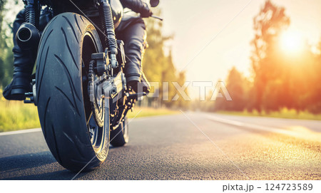 Biker riding motorcycle on country road at sunset 124723589