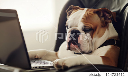 Bulldog puppy dog working at home on laptop computer Bulldog puppy dog working at home on laptop computer 124723612