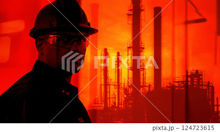 Engineer is posing with an industrial plant in the background Engineer is posing with an industrial plant in the background 124723615