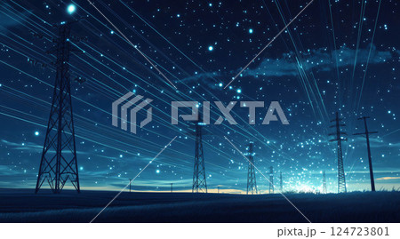 Power lines transferring energy across countryside at night with starry sky 124723801