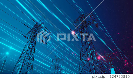 Power grid lines and electricity pylons transferring energy at night 124723810