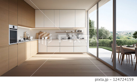 Modern kitchen opening onto garden with large bay windows 124724159