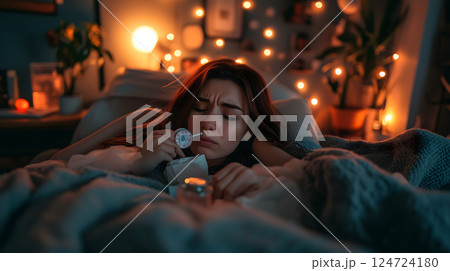 Sick young woman measuring fever lying in bed at night 124724180