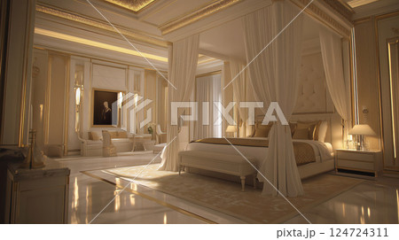 Luxurious master bedroom featuring canopy bed and sitting area Luxurious master bedroom featuring canopy bed and sitting area 124724311