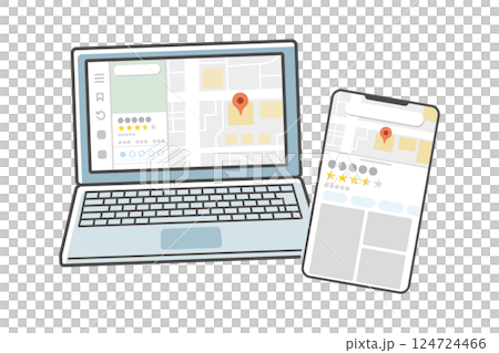 Illustration of Google Maps displayed on a smartphone and computer 124724466