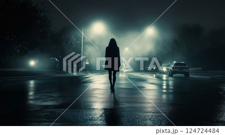 Woman walking alone on street at night with fog 124724484