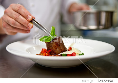 Decorating meal in restaurant 124724581