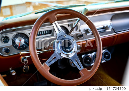 Steering wheel and dashboard of old car Steering wheel and dashboard of old car 124724590