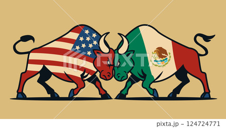 Bulls with USA and Mexico flags symbolize trade war conflict aggressive stance colorful graphic design neutral background 124724771