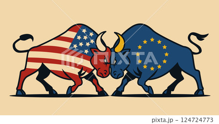 USA EU trade war bulls clash symbolizing economic conflict with flags on bodies aggressive stance contrasting colors beige background 124724773