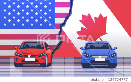 Trade war USA Canada concept with cars against flags background split by crack red and blue vehicles symbolizing tariffs conflict Trade war USA Canada concept with cars against flags background split by crack red and blue vehicles symbolizing tariffs conflict 124724777