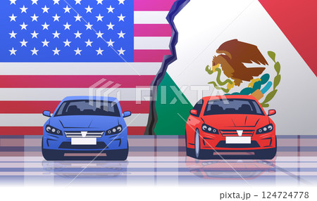Trade war USA Mexico concept with cars flags cracked ground representing tariffs conflict automotive industry 124724778