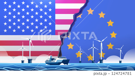 USA EU trade war concept with wind turbines divided by a crack in ocean background flags of United States and European Union USA EU trade war concept with wind turbines divided by a crack in ocean background flags of United States and European Union 124724781