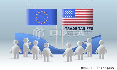 EU USA trade war concept with figures flags of European Union and United States people discussing tariffs blue gradient background website design 124724839