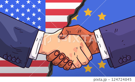 USA EU handshake trade war concept. Two hands shaking over USA and EU flags with a crack between them symbolizing tariffs war. Bright colors 124724845