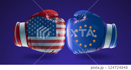USA EU trade war concept boxing gloves. American and European flags depicted on gloves against a dark background symbolizing economic conflict 124724848