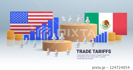 Trade war tariffs USA Mexico concept illustration. Flags coins bar charts figures on podiums represent economic conflict Trade war tariffs USA Mexico concept illustration. Flags coins bar charts figures on podiums represent economic conflict 124724854