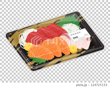 食物托盤上盛裝的各式生魚片插圖 124725133