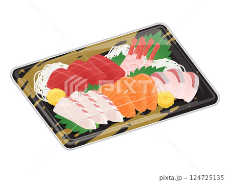 食品トレーに入った刺身盛り合わせのイラスト 124725135
