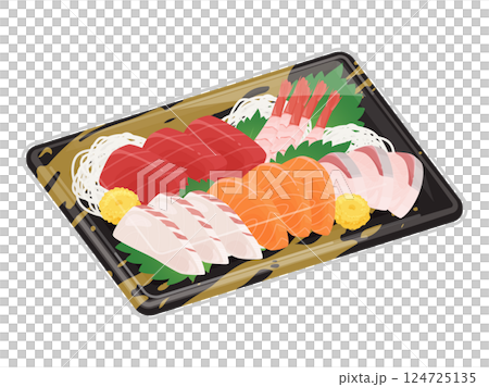 Illustration of assorted sashimi served on a food tray 124725135