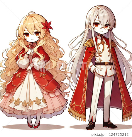 AI生成・異世界転生×乙女ゲーム風キャラクター（お嬢様と王子様・赤いドレスと軍服・アニメ風SD） 124725212