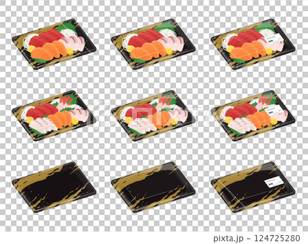 Food tray and sashimi platter illustration material set Food tray and sashimi platter illustration material set 124725280